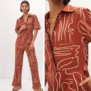 Bel Kazan Kami Poplin Puff Sleeve Jumpsuit Mocha Rye Orange Brown M